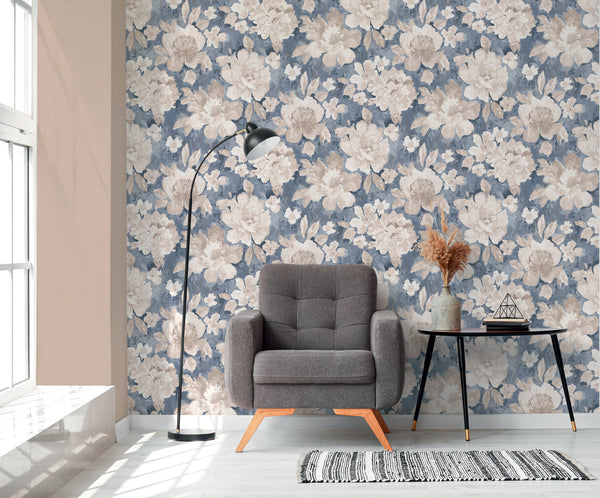 High-Quality Non-Woven Wallpaper Blue Floral Pattern