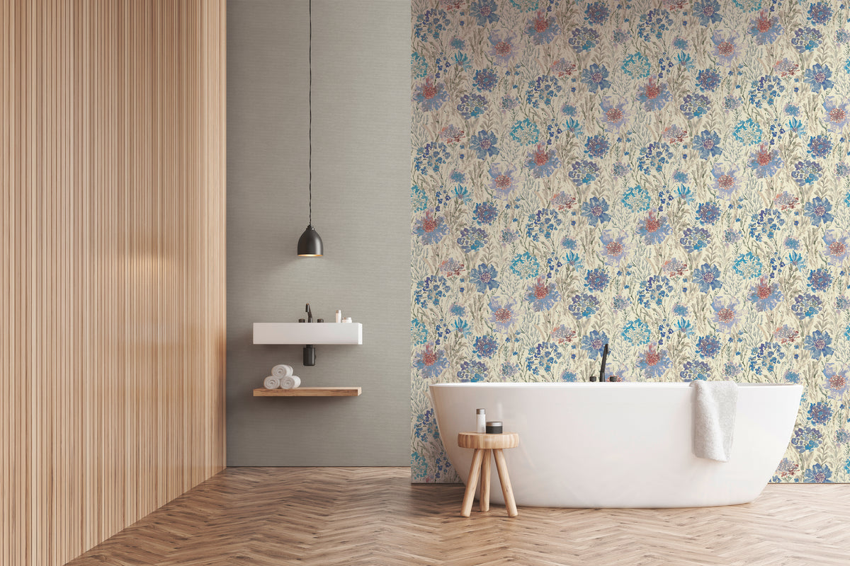 High-Quality Non-Woven Wallpaper Blue Floral Pattern