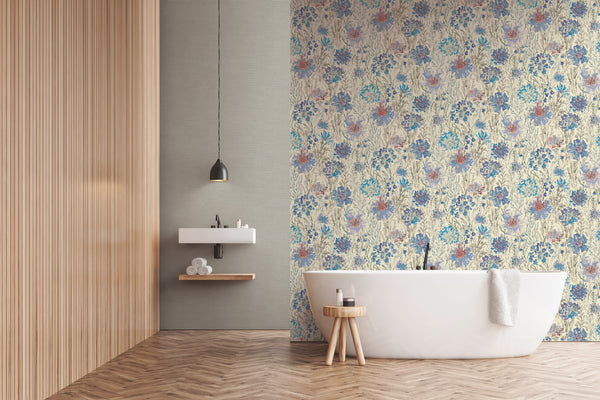 High-Quality Non-Woven Wallpaper Blue Floral Pattern
