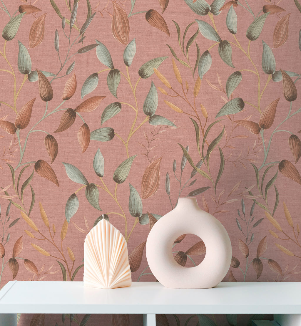 High-Quality Non-Woven Wallpaper Pink Leaves