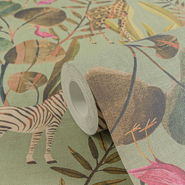 High-Quality Non-Woven Wallpaper Green Animals