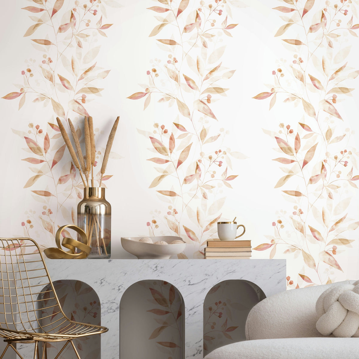 Vliestapete weiß, beige pflanzen